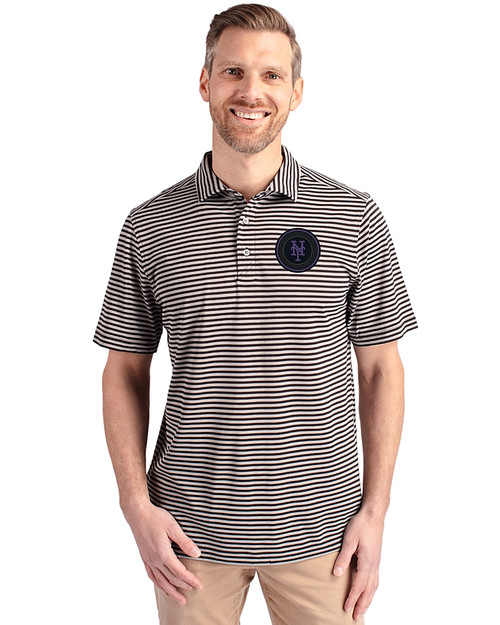 NY Mets City Connect Cutter & Buck Virtue Eco Pique Stripe Recycled Mens Polo Black Front