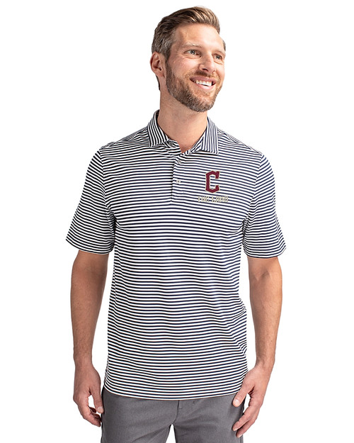 Cleveland Guardians City Connect Cutter & Buck Virtue Eco Pique Stripe Recycled Mens Big and Tall Polo Navy Blue Front