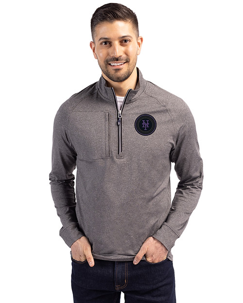 NY Mets City Connect Cutter & Buck Adapt Eco Knit Heather Mens Big & Tall Quarter Zip Pullover Black Heather Front
