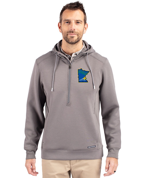 Minnesota Twins City Connect Cutter & Buck Roam Recycled Buttery-Soft Knit Mens Half Zip Hooded Pullover Elemental Grey Front
