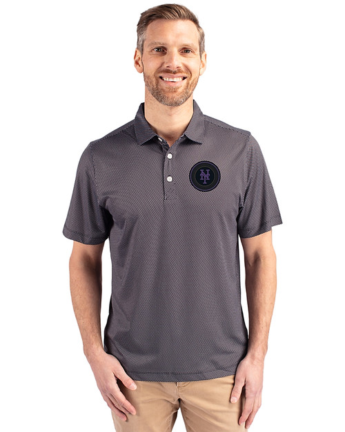 NY Mets City Connect Cutter & Buck Pike Eco Symmetry Print Stretch Recycled Mens Polo Black/White Front