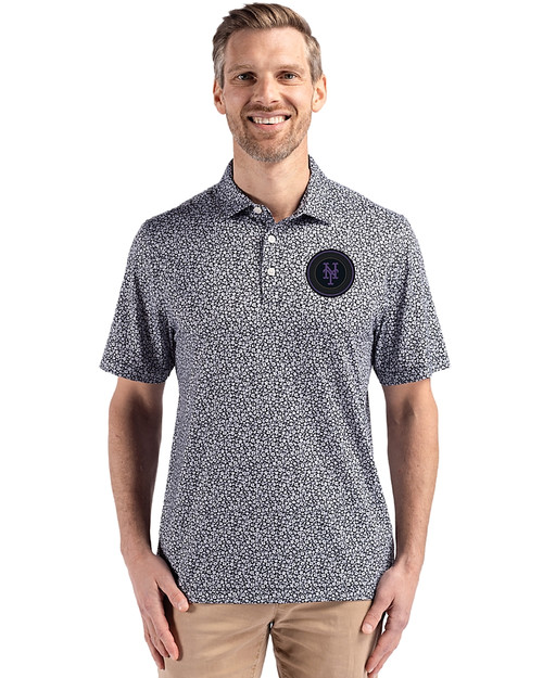 NY Mets City Connect Cutter & Buck Pike Eco Flora Print Recycled Mens Polo Black Front