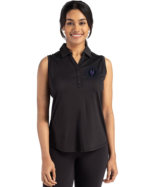 NY Mets City Connect Cutter & Buck Forge Eco Stretch Recycled Womens Sleeveless Polo Black Front