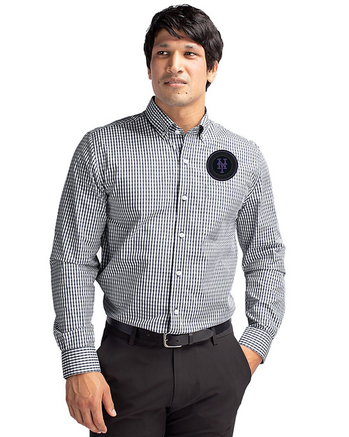 NY Mets City Connect Cutter & Buck Easy Care Stretch Gingham Mens Big and Tall Long Sleeve Dress Shirt Charcoal Front