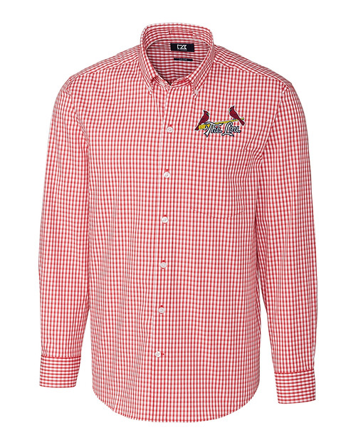 St. Louis Cardinals City Connect Cutter & Buck Easy Care Stretch Gingham Mens Big and Tall Long Sleeve Dress Shirt Cardinal Red Mannequin