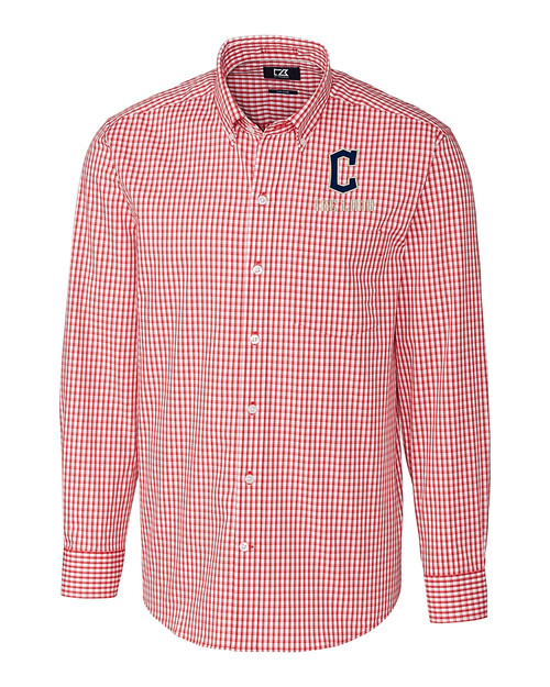 Cleveland Guardians City Connect Cutter & Buck Easy Care Stretch Gingham Mens Long Sleeve Dress Shirt Cardinal Red Mannequin