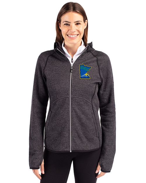 Minnesota Twins City Connect Cutter & Buck Mainsail Full Zip Hooded Womens Jacket Charcoal Heather Front