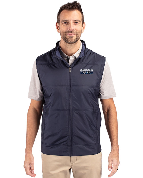 Detroit Tigers City Connect Cutter & Buck Stealth Hybrid Quilted Mens Big and Tall Windbreaker Vest Liberty Navy Front