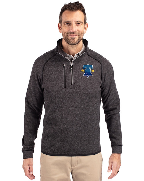 Philadelphia Phillies City Connect Cutter & Buck Mainsail Sweater-Knit Mens Big and Tall Half Zip Pullover Jacket Charcoal Heather Front