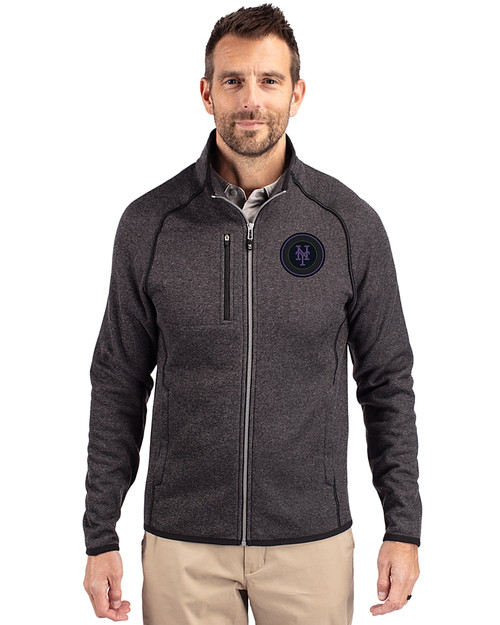 NY Mets City Connect Cutter & Buck Mainsail Sweater-Knit Mens Big and Tall Full Zip Jacket Charcoal Heather Front