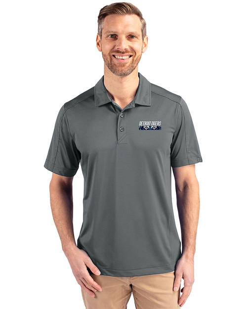 Detroit Tigers City Connect Cutter & Buck Prospect Eco Textured Stretch Recycled Mens Short Sleeve Polo Elemental Grey Front
