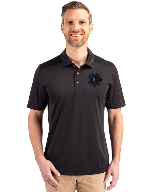 NY Mets City Connect Cutter & Buck Prospect Eco Textured Stretch Recycled Mens Short Sleeve Polo Black Front