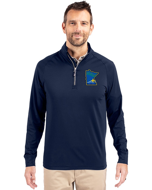 Minnesota Twins City Connect Cutter & Buck Adapt Eco Knit Stretch Recycled Mens Big and Tall Quarter Zip Pullover Navy Blue Front