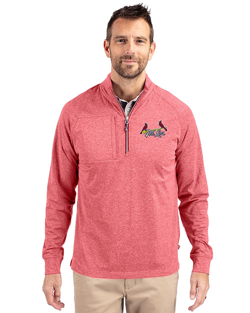 St. Louis Cardinals City Connect Cutter & Buck Adapt Eco Knit Heather Mens Quarter Zip Pullover Cardinal Red Heather Front