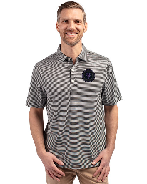 NY Mets City Connect Cutter & Buck Forge Eco Double Stripe Stretch Recycled Mens Polo Black/White Front