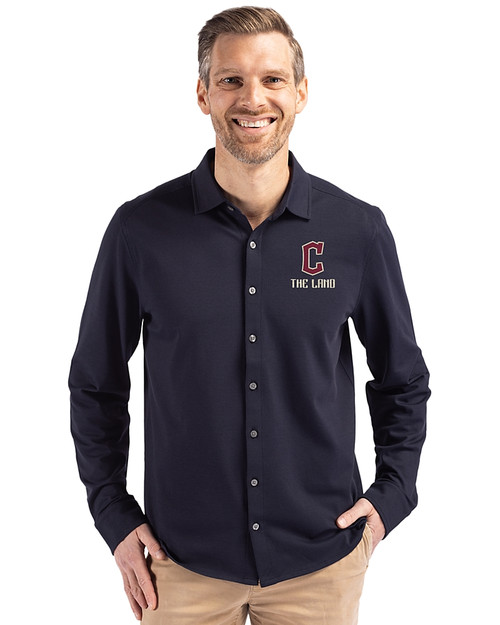 Cleveland Guardians City Connect Cutter & Buck Advantage Tri-Blend Eco Soft Pique Long Sleeve Knitted Mens Button Up Liberty Navy Front