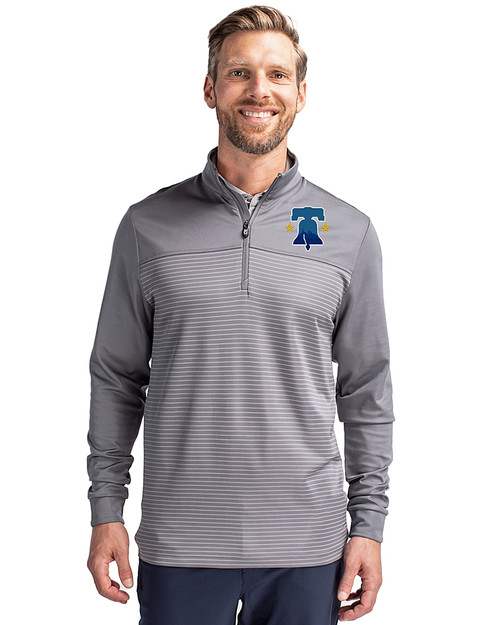 Philadelphia Phillies City Connect Cutter & Buck Traverse Stretch Eco Stripe Quarter Zip Mens Pullover Elemental Grey Front