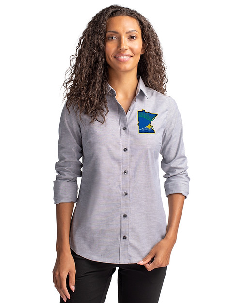 Minnesota Twins City Connect Cutter & Buck Stretch Oxford Womens Long Sleeve Dress Shirt Charcoal Front