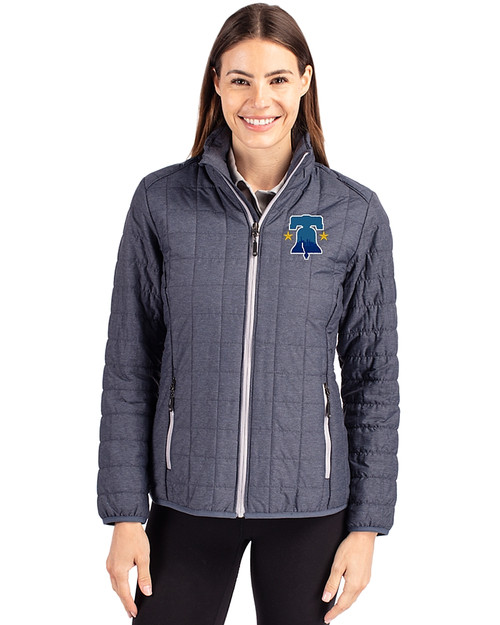 Philadelphia Phillies City Connect Cutter & Buck Rainier Recycled Insulated Puffer Womens Full Zip Jacket Anthracite Melange Front
