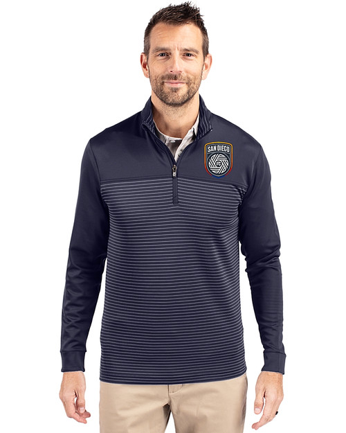 San Diego FC Cutter & Buck Traverse Stretch Eco Stripe Quarter Zip Mens Big and Tall Pullover Liberty Navy Front