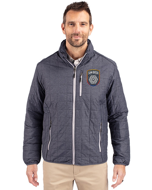San Diego FC Cutter & Buck Rainier PrimaLoft® Mens Eco Insulated Full Zip Puffer Jacket Anthracite Melange Front