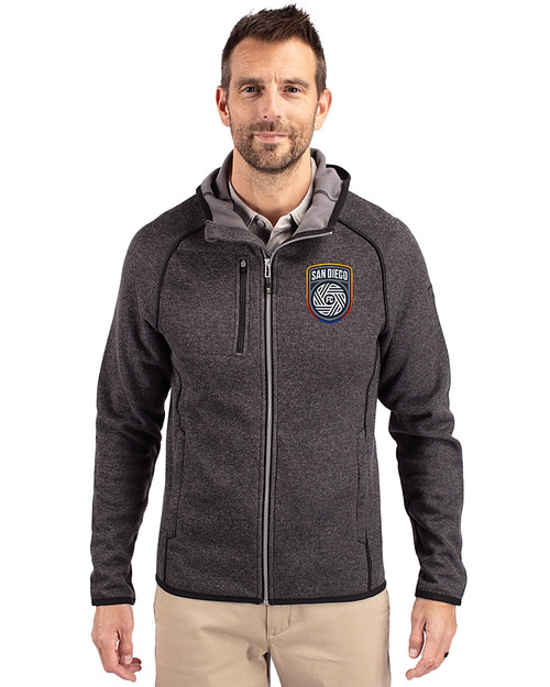 San Diego FC Cutter & Buck Mainsail Full Zip Hooded Mens Jacket Charcoal Heather Front