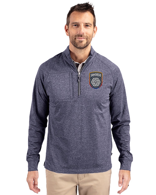 San Diego FC Cutter & Buck Adapt Eco Knit Heather Mens Big & Tall Quarter Zip Pullover Navy Blue Heather Front