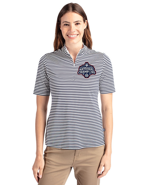UConn Huskies 2025 NCAA Women's Basketball National Champions Cutter & Buck Virtue Eco Pique Stripe Recycled Womens Top Navy Blue Front