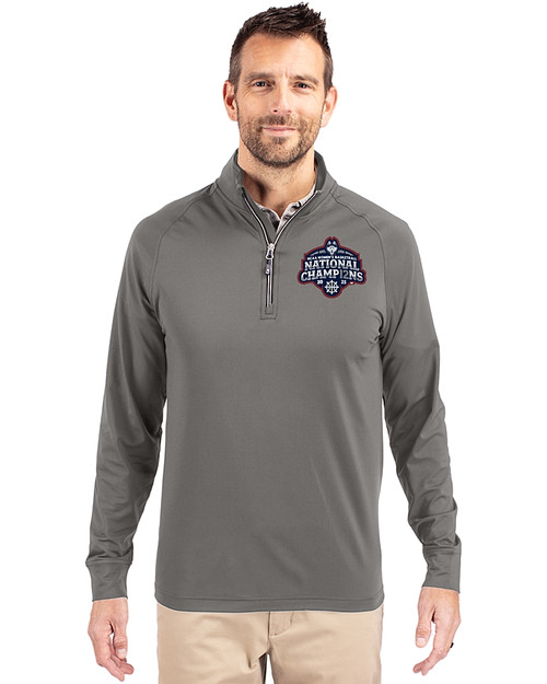 UConn Huskies 2025 NCAA Women's Basketball National Champions Cutter & Buck Adapt Eco Knit Stretch Recycled Mens Quarter Zip Pullover Elemental Grey Front