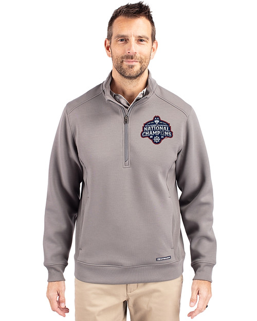 UConn Huskies 2025 NCAA Women's Basketball National Champions Cutter & Buck Roam Epic Versatility Recycled Quarter Zip Mens Pullover Elemental Grey Front