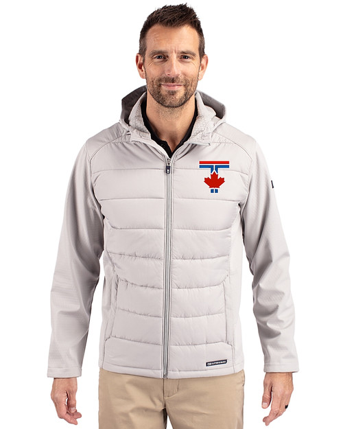 Toronto Blue Jays City Connect Cutter & Buck Evoke Hybrid Softshell Recycled Full Zip Mens Hooded Jacket CONCRETE Front