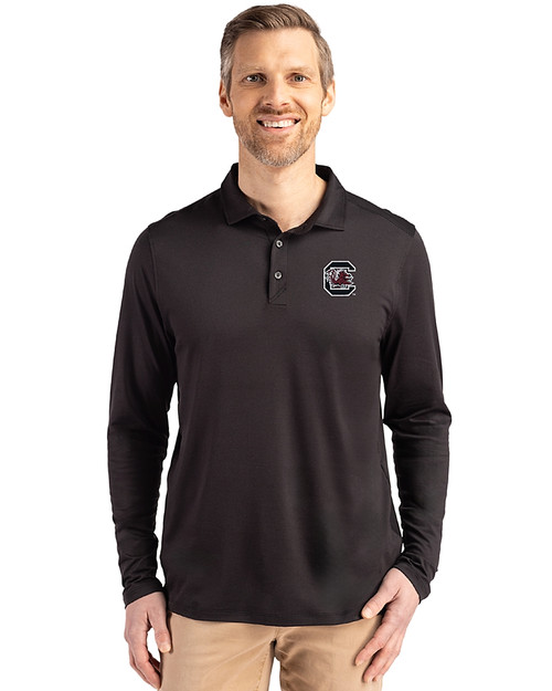 South Carolina Gamecocks Cutter & Buck Coastline Epic Comfort Recycled Mens Long Sleeve Polo Black Front