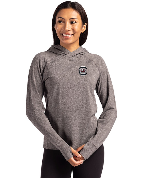 South Carolina Gamecocks Cutter & Buck Adapt Knit Recycled Womens Heathered Hooded Pullover Black Heather Front