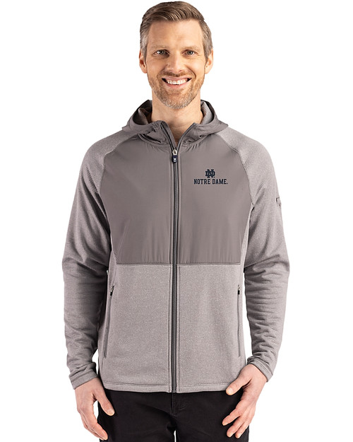 Notre Dame Fighting Irish Cutter & Buck Peshastin Fleece Recycled Mens Hybrid Jacket Elemental Grey Heather Front
