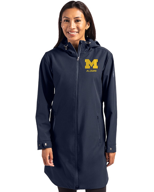 Michigan Wolverines Alumni Cutter & Buck Camano Everyday Stretch Recycled Womens Water Resistant Jacket Navy Blue Front