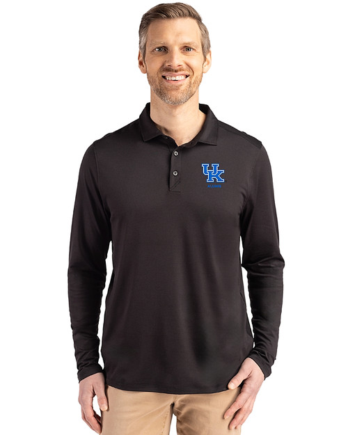 Kentucky Wildcats Alumni Cutter & Buck Coastline Recycled Double Peached Mens Long Sleeve Polo Black Front