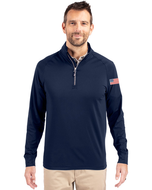 Patriotic Cutter & Buck Adapt Eco Knit Stretch Recycled Mens Big and Tall Quarter Zip Pullover NVBU_MANN_HG 1