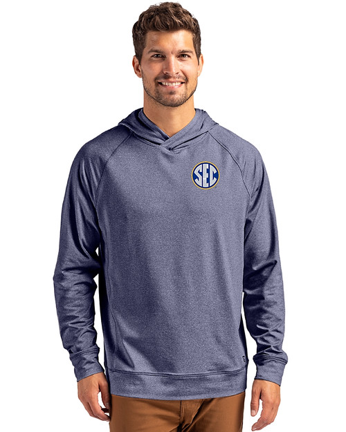 SEC Conference Cutter & Buck Adapt Knit Recycled Mens Heathered Hooded Pullover Navy Blue Heather Front