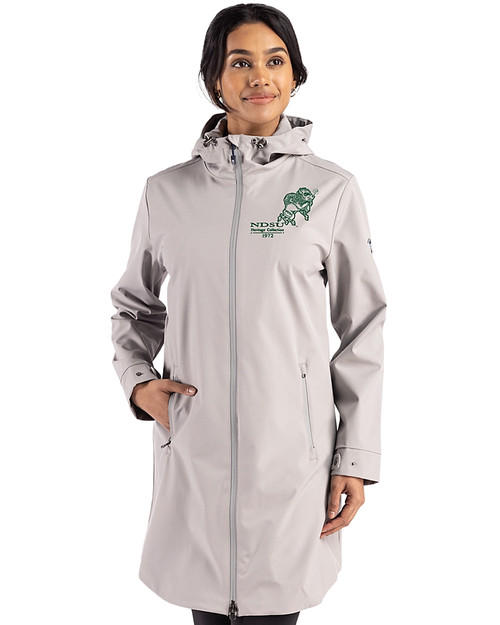 NDSU Bison Vintage Cutter & Buck Camano Everyday Stretch Recycled Womens Water Resistant Jacket Polished Medium Gray Front