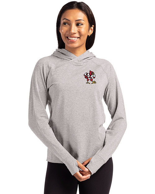 Louisville Cardinals College Vault Cutter & Buck Adapt Knit Recycled Womens Heathered Hooded Pullover POH_PRO_HG 
