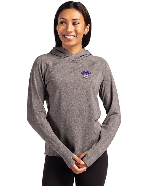 East Carolina (ECU) Pirates College Vault Cutter & Buck Adapt Knit Recycled Womens Heathered Hooded Pullover Black Heather Front
