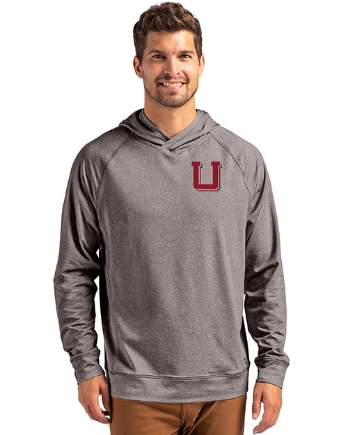 Utah Utes College Vault Cutter & Buck Adapt Knit Recycled Mens Heathered Hooded Pullover Black Heather Front