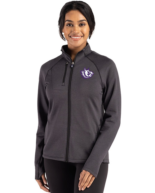 Texas Christian Horned Frogs College Vault Cutter & Buck Peshastin Fleece Recycled Womens Full Zip Jacket Black Heather Front
