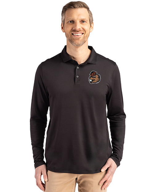 Oregon State Beavers College Vault Cutter & Buck Coastline Epic Comfort Recycled Mens Long Sleeve Polo Black Front