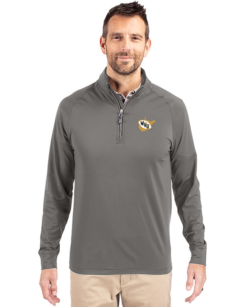 West Virginia Mountaineers College Vault Cutter & Buck Adapt Eco Knit Stretch Recycled Mens Quarter Zip Pullover Elemental Grey Front