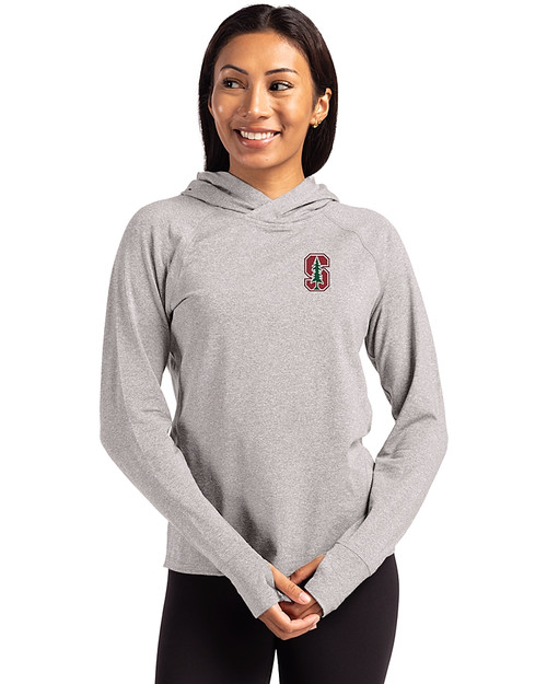 Stanford Cardinal - Cutter & Buck Adapt Recycled Soft Knit Stretch Womens Hooded Pullover Polished Heather Front