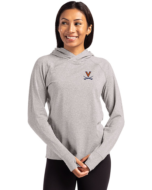 Virginia Cavaliers Cutter & Buck Adapt Knit Recycled Womens Heathered Hooded Pullover Polished Heather Front