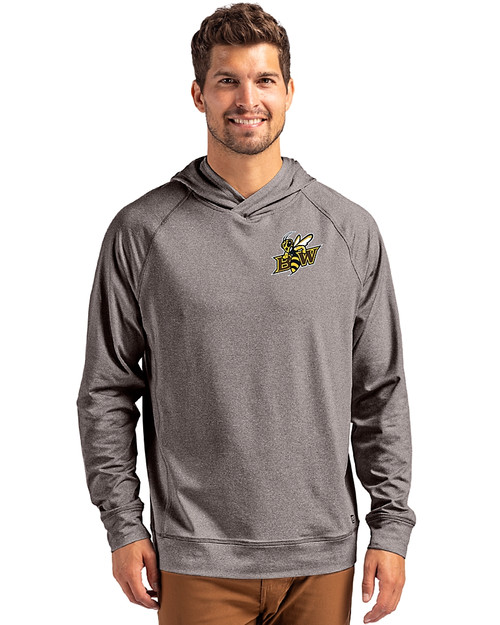 Baldwin Wallace Yellow Jackets Cutter & Buck Adapt Knit Recycled Mens Heathered Hooded Pullover Black Heather Front