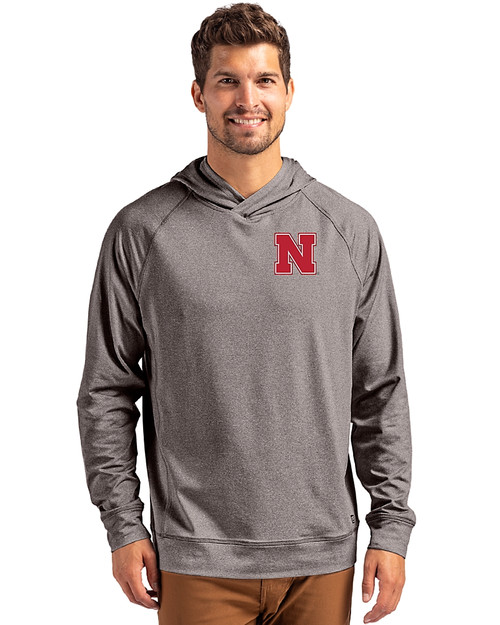 Nebraska Cornhuskers Cutter & Buck Adapt Knit Recycled Mens Heathered Hooded Pullover Black Heather Front