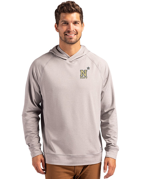 Navy Midshipmen Cutter & Buck Adapt Knit Recycled Mens Heathered Hooded Pullover Polished Heather Front